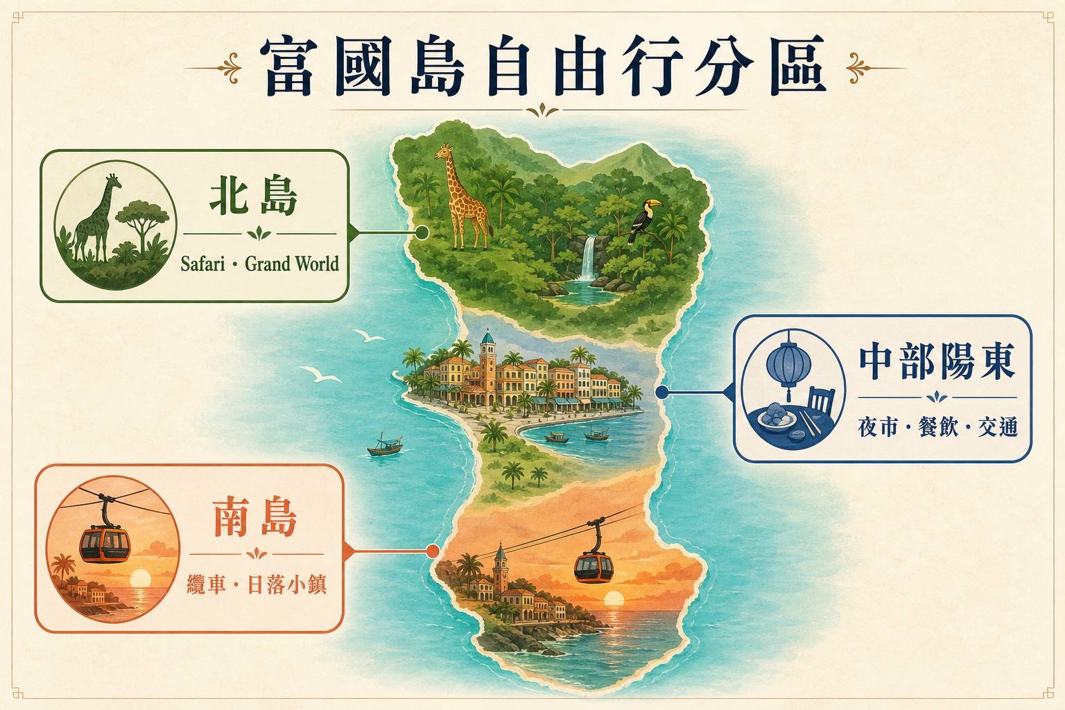 富國島自由行北島、中部陽東、南島景點分區 AI 示意圖。