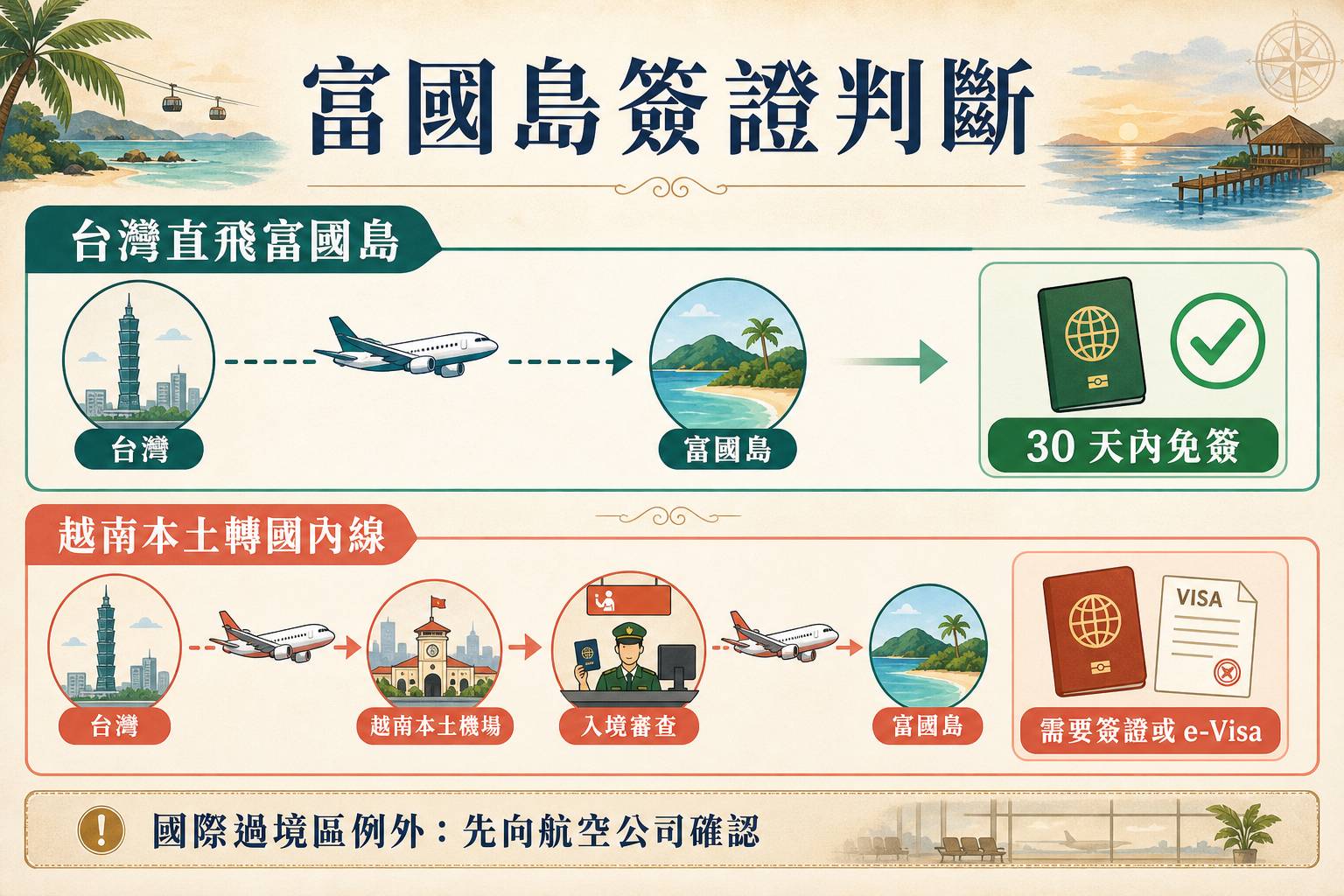 台灣直飛富國島免簽與越南本土轉國內線需要簽證 AI 示意圖。