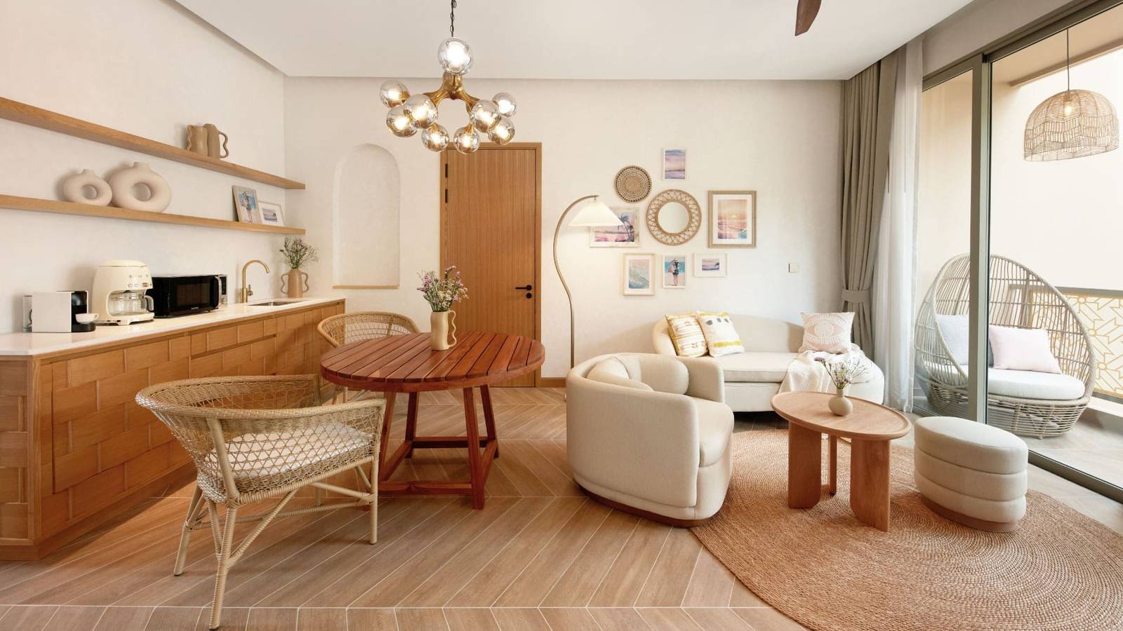 蘇梅島 Marasca 度假村 Home Haven Suite 的起居空間與小廚房