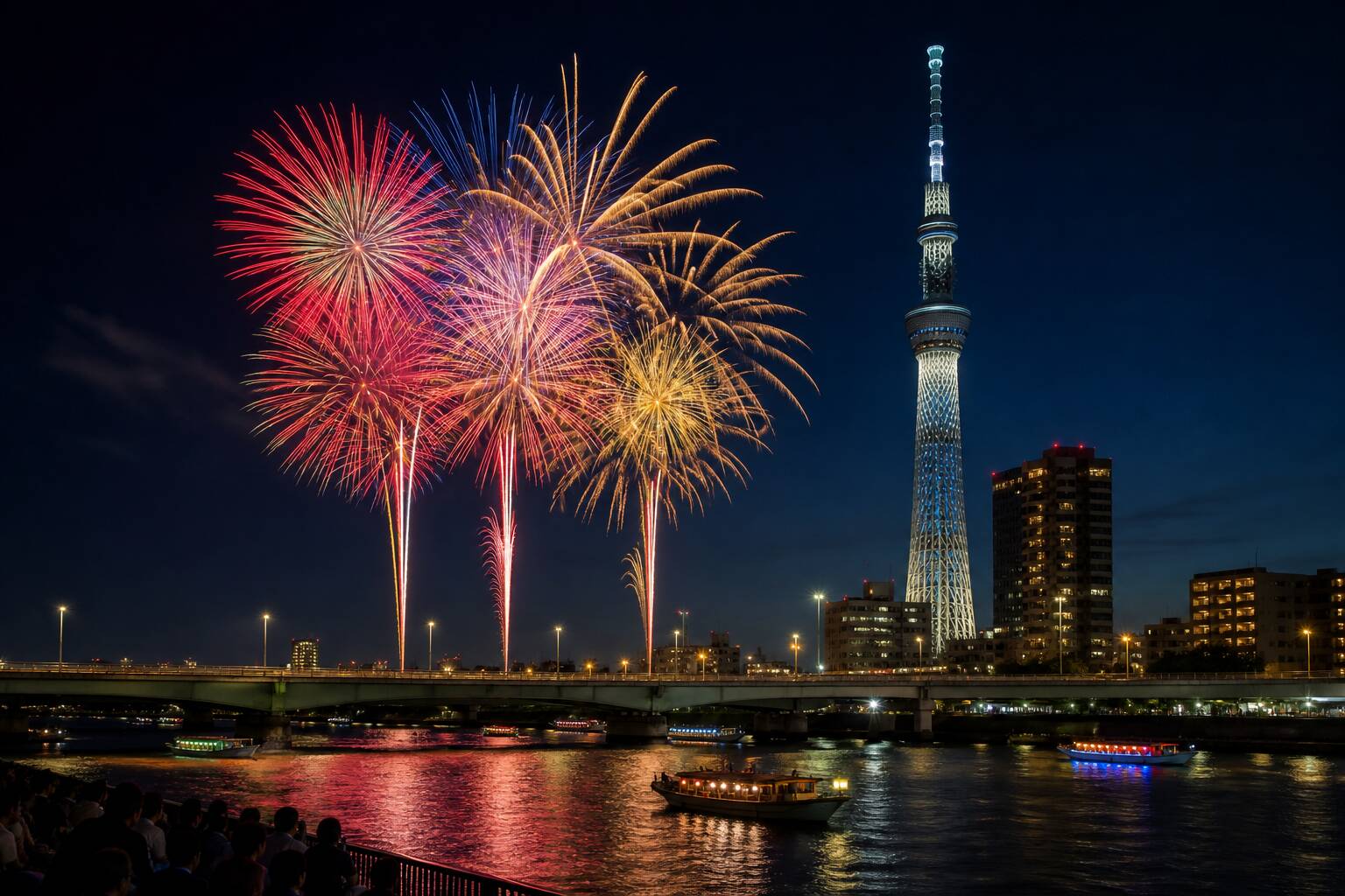 隅田川花火大會與東京晴空塔 AI 旅遊示意圖