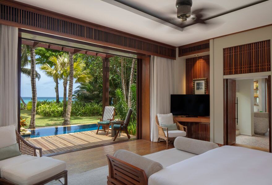 Anantara Maia Seychelles Villas Premier Beach Pool Villa 臥室與泳池