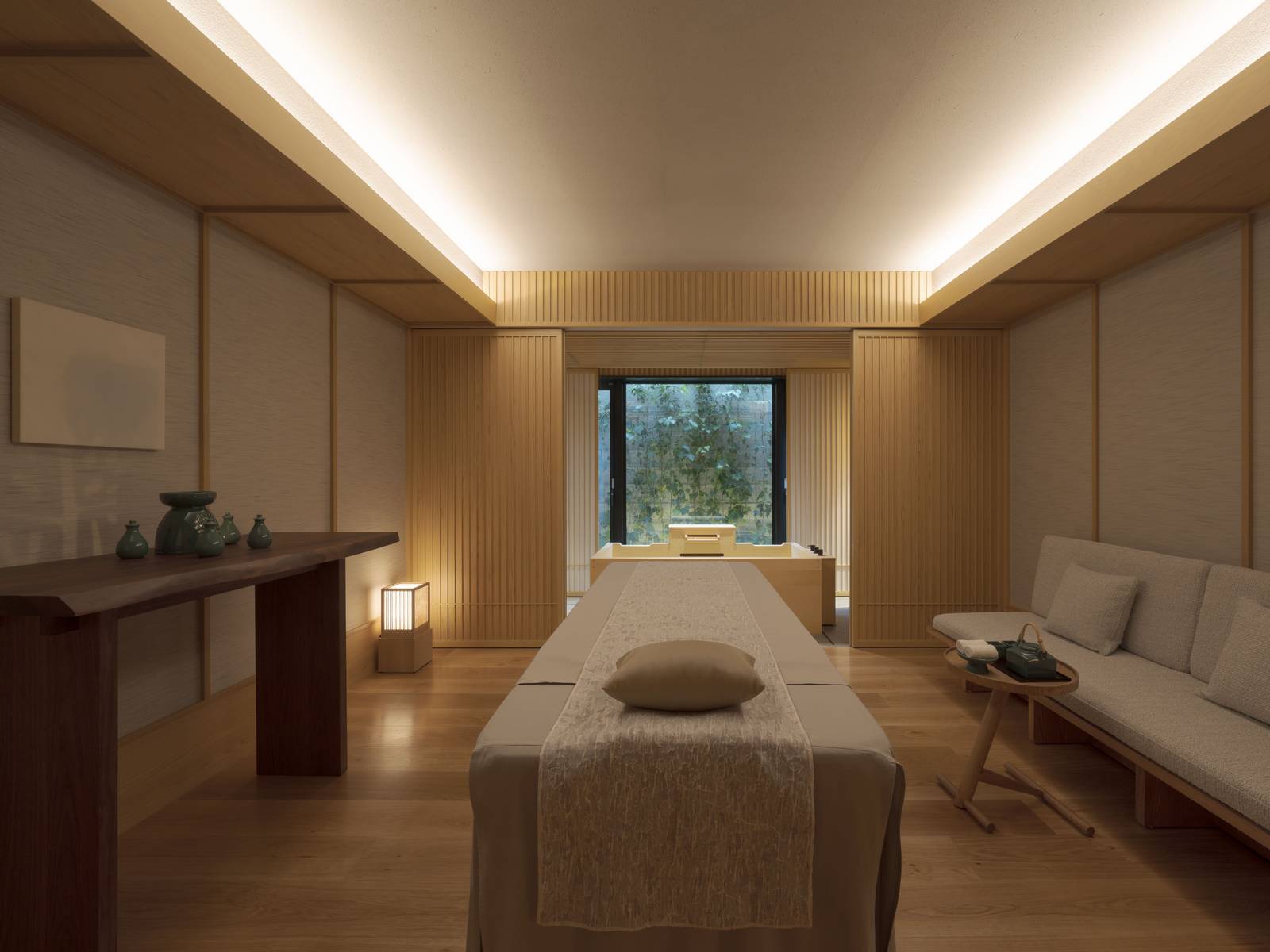 Spa 療程室的按摩床與木質牆面