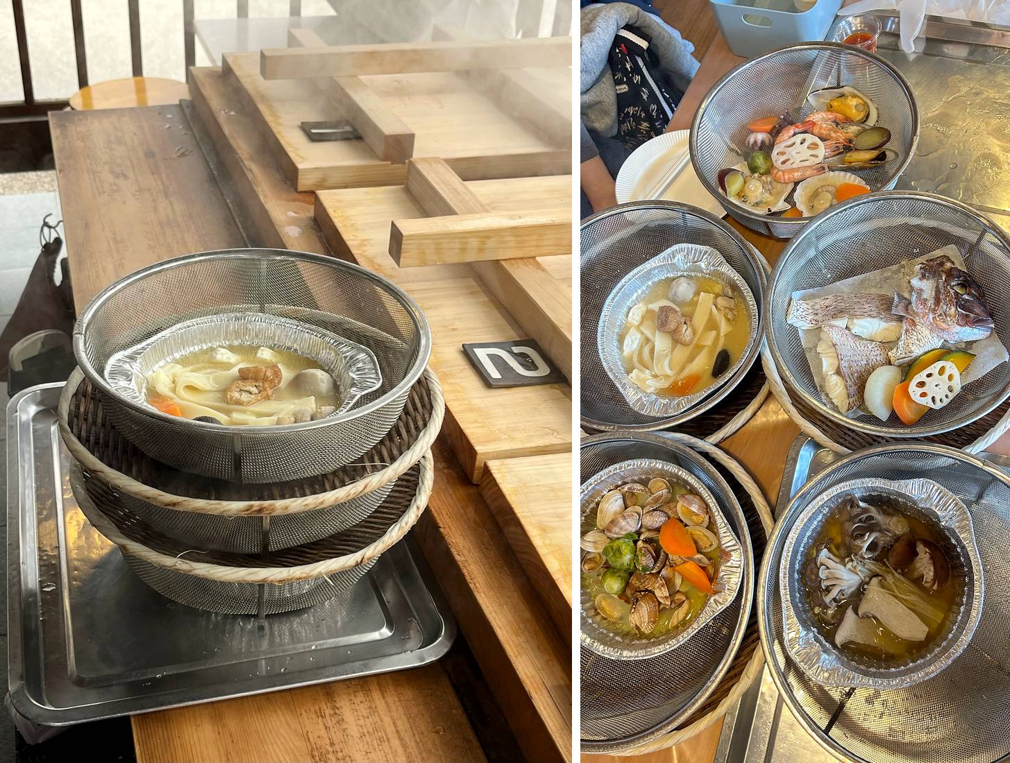 左為木製蒸釜與蒸籃，右為魚肉、蝦貝、蔬菜及菇類地獄蒸料理