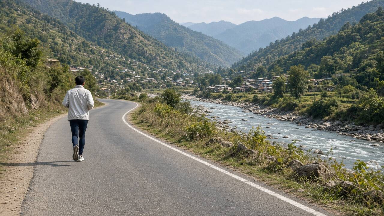 跑者沿著河谷旁的鄉村柏油路向前跑,一側是河流與山坡聚落
