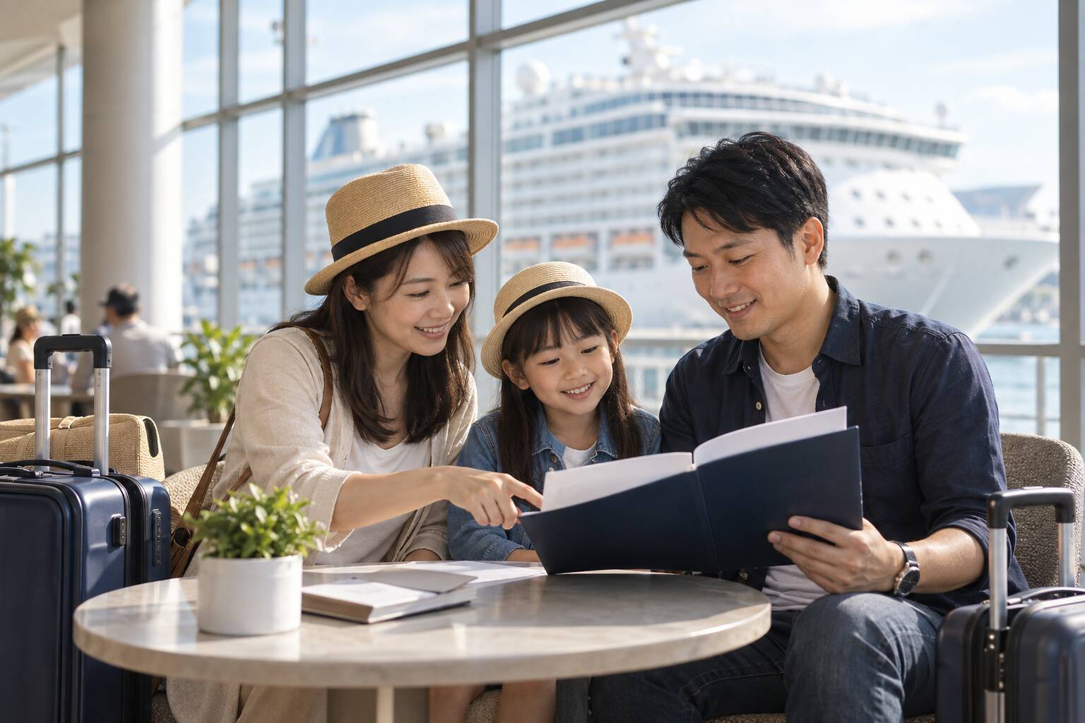 親子旅客在郵輪碼頭整理旅行文件