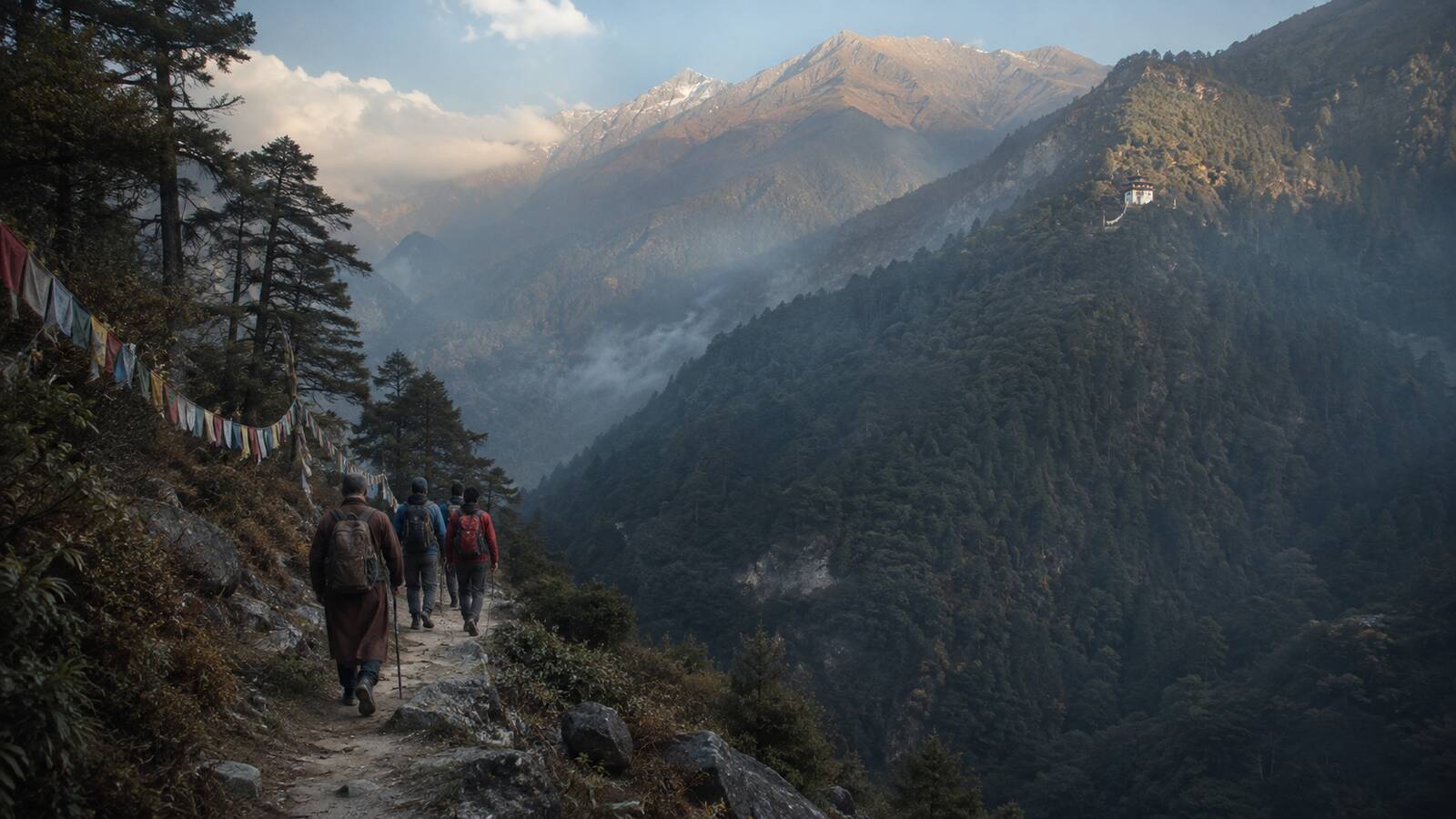 旅客與嚮導行走不丹東部山谷朝聖路線示意