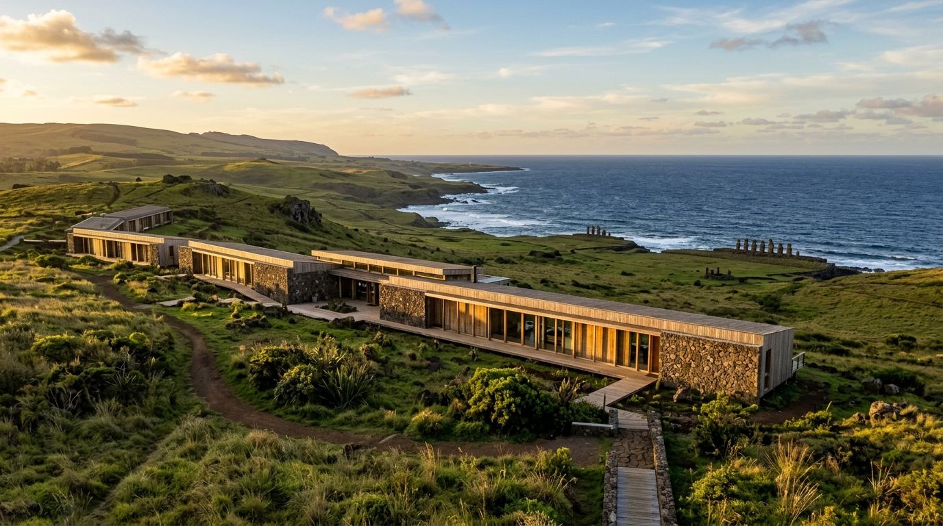 Explora Rapa Nui 坐落於綠意山丘眺望浩瀚南太平洋的環保極簡木石建築全景
