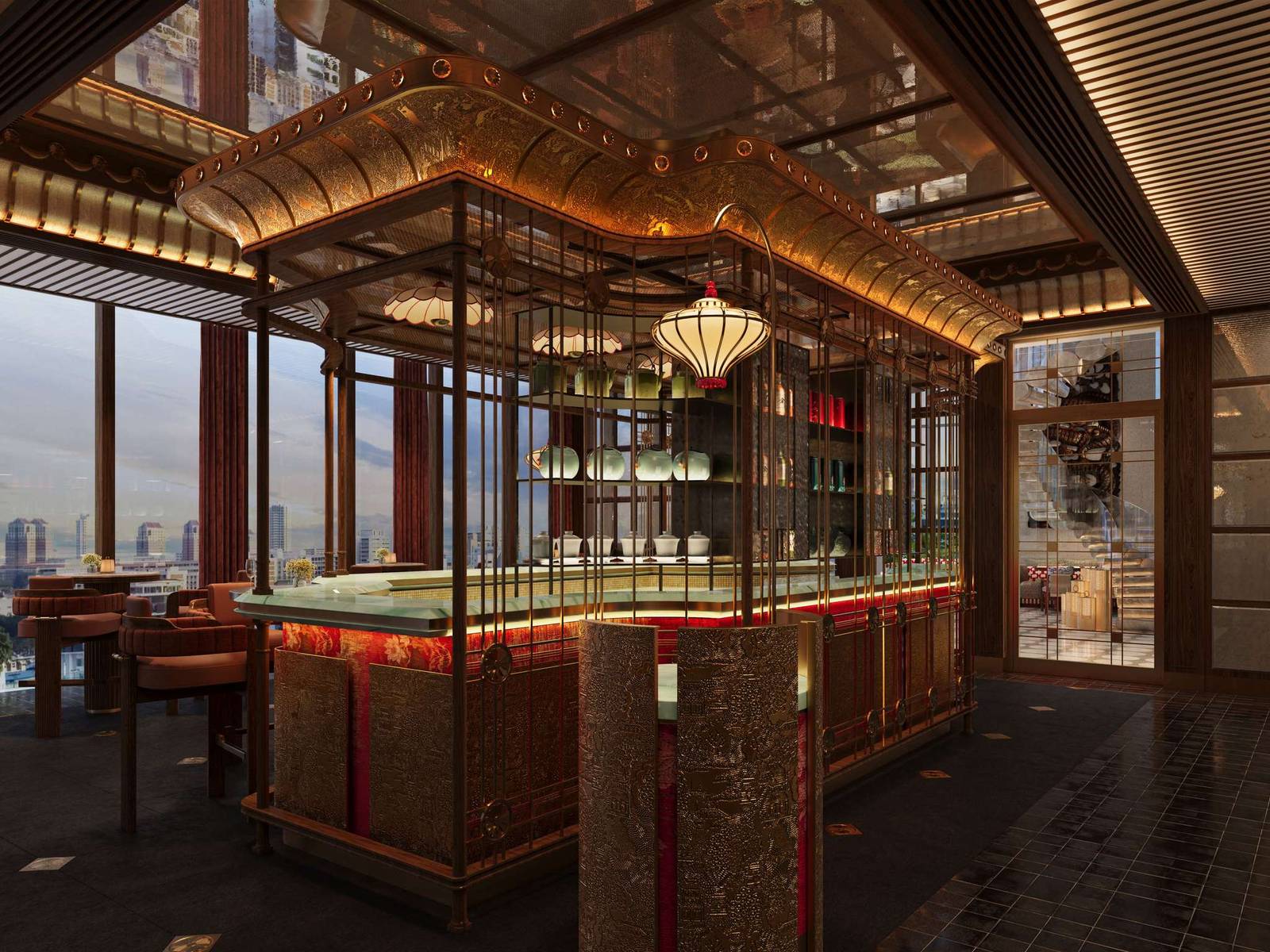 河內費爾蒙酒店餐廳吧台,紅色發光檯面與金色罩棚,架上擺著一排淡綠茶壺與酒瓶