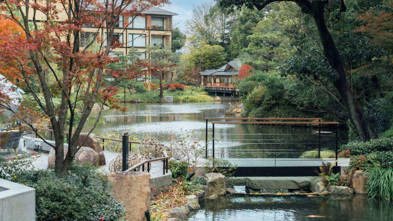 京都四季酒店的池泉庭園與秋天紅葉,後方是飯店建築