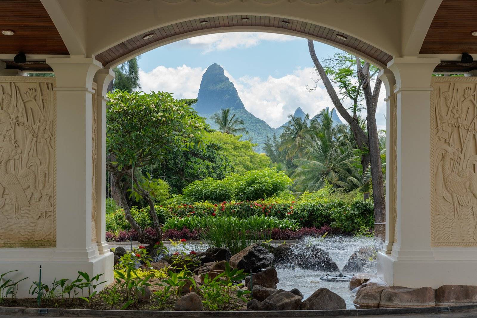 由拱形開口望向熱帶花園與遠方山景