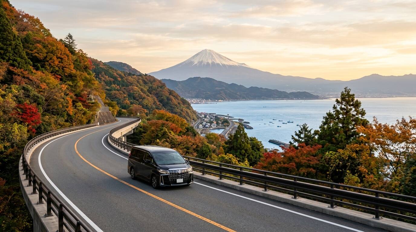頂級黑色商務車行駛於眺望富士山與秋季山海景致的日本景觀公路