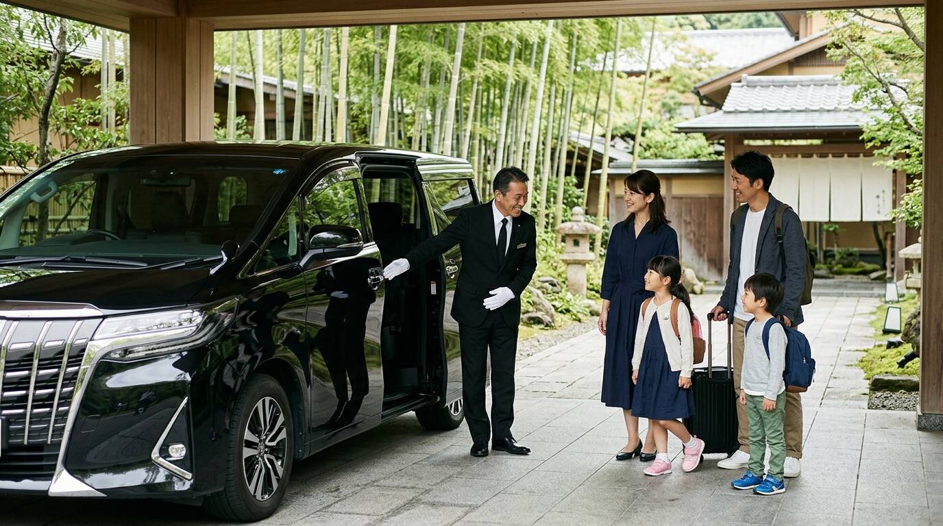 專業日本商務包車司機身著西裝於日式溫泉旅館玄關迎接家庭旅客上車