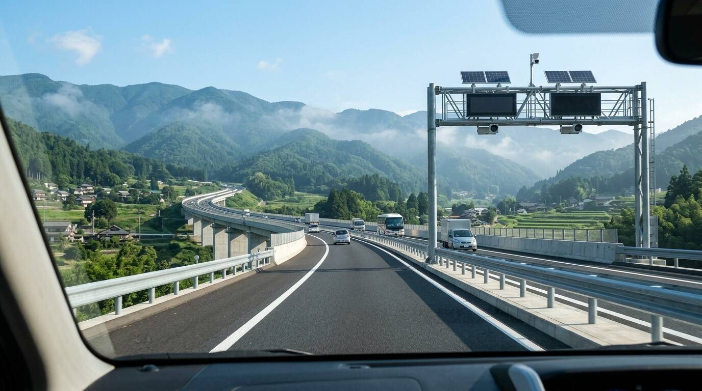 日本高速公路靠左行駛車道、遠方群山與高架電子收費閘門