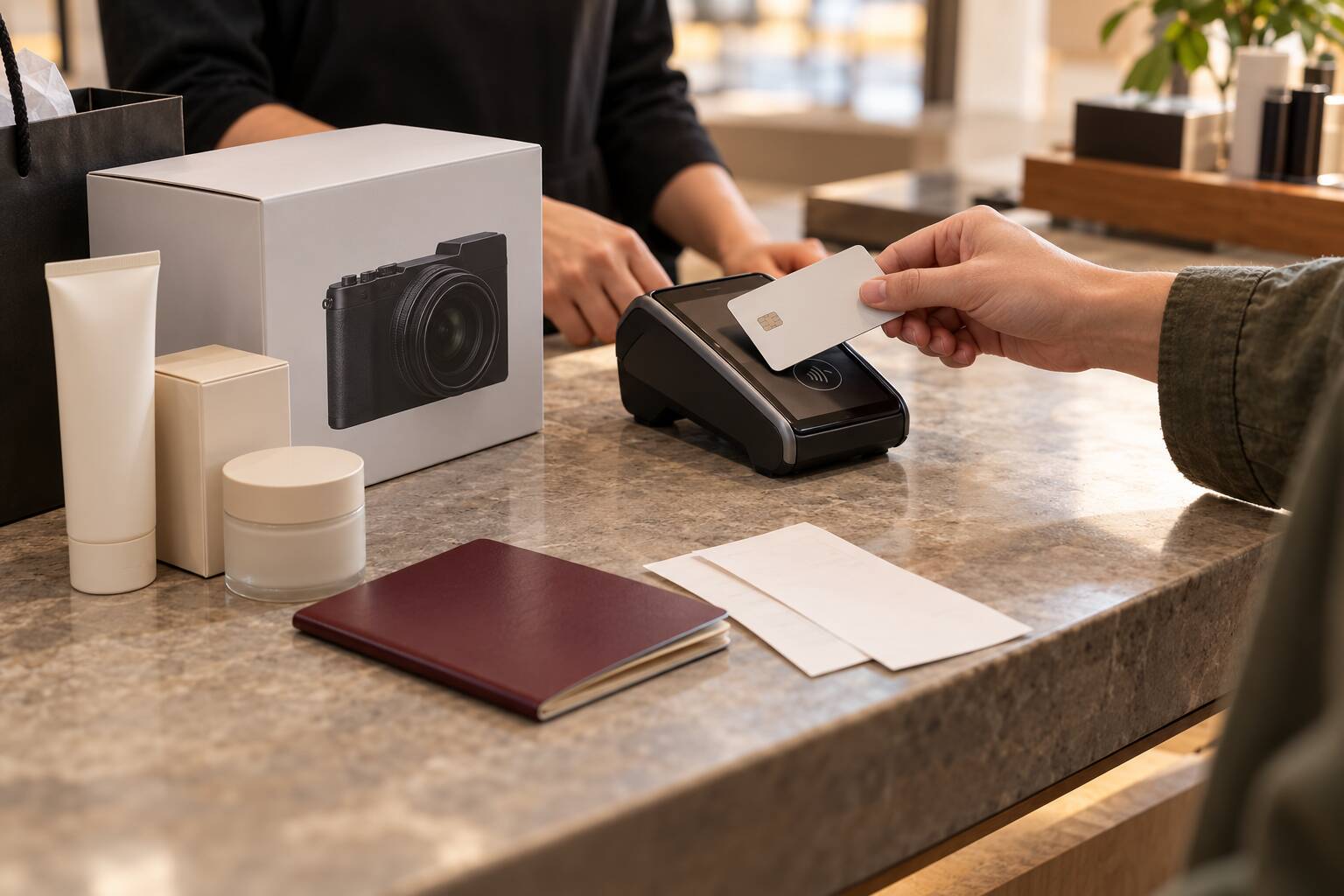 旅客在結帳櫃檯以信用卡付款,旁邊放著購物包裝與收據