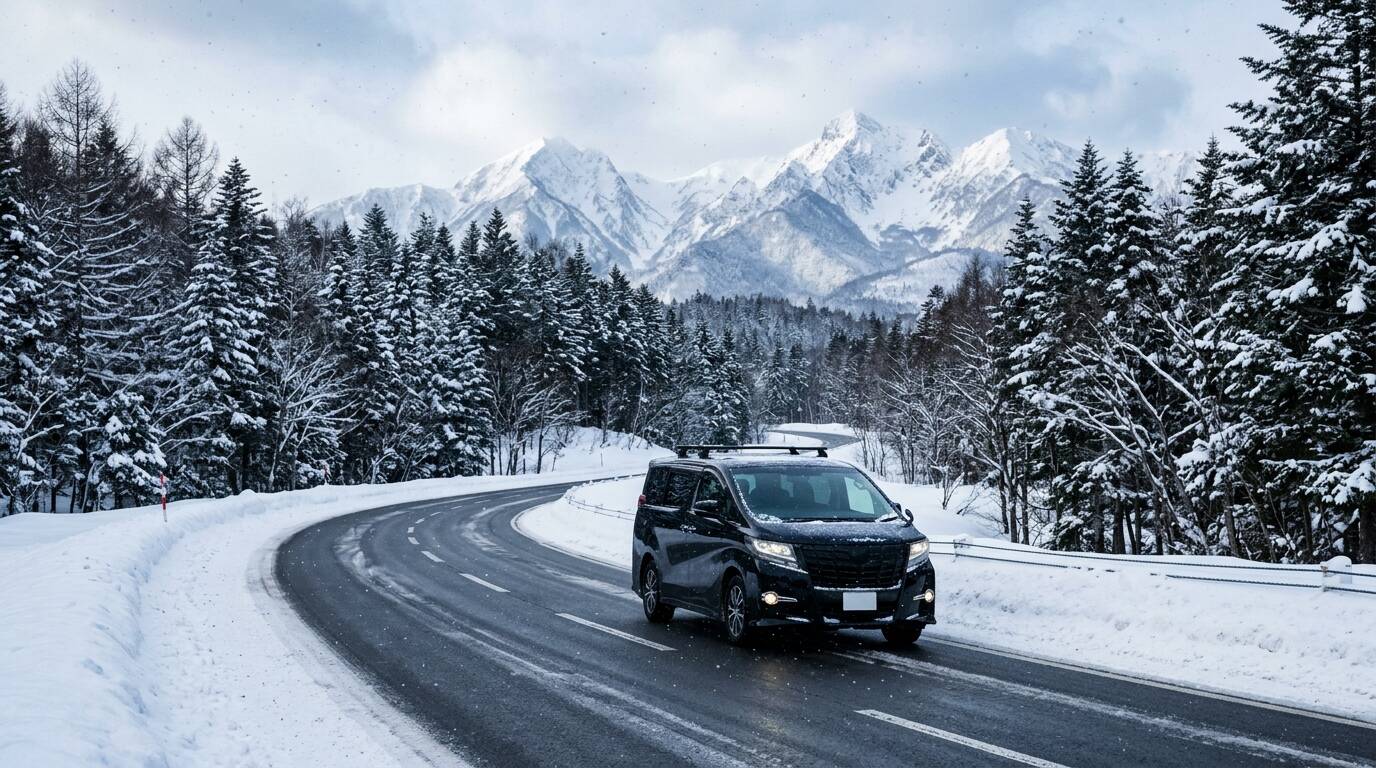 行駛於北海道積雪松林與雪山景觀公路的四驅商務包車
