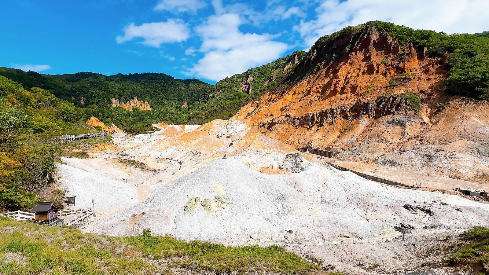 登別地獄谷灰白谷地、橙褐色岩壁與綠色山林