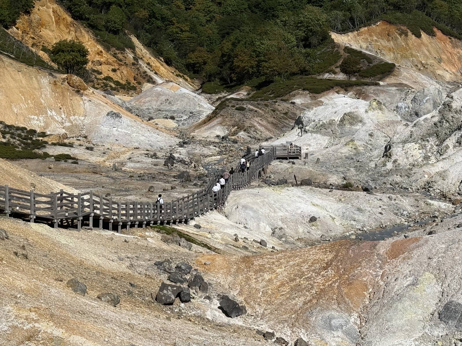 登別地獄谷木棧道通往鐵泉池觀景平台，周圍可見岩石與細流