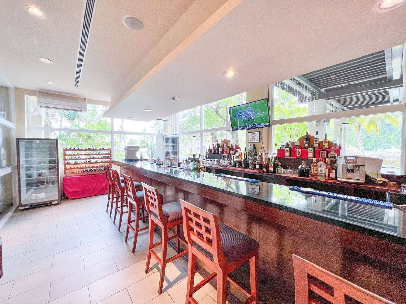 帛琉老爺大酒店 Coral 酒吧:深色吧台、高腳椅、酒架與落地窗外的熱帶植栽