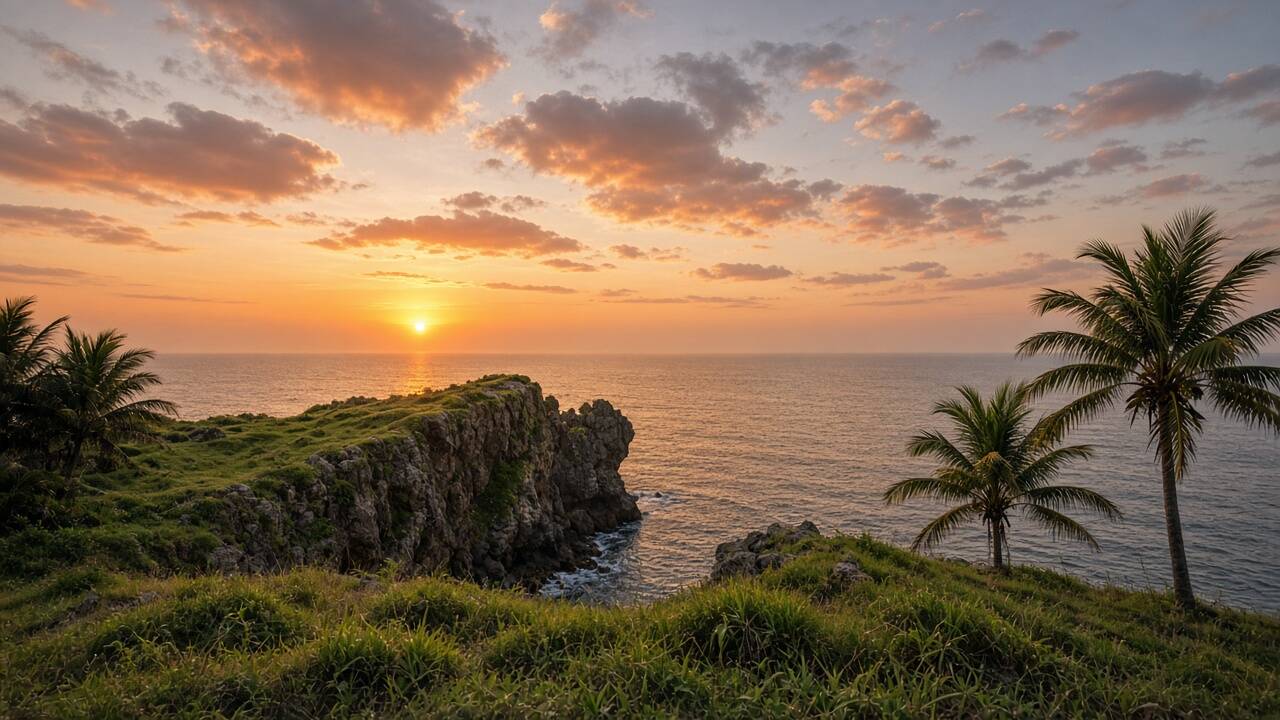 岩石岬角面向金色海面與夕陽