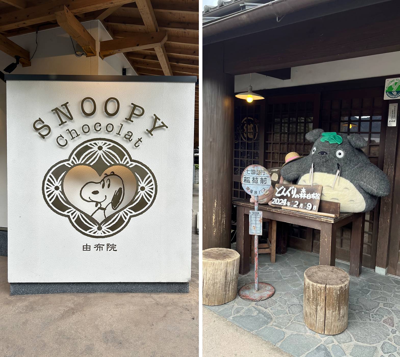 SNOOPY Chocolat 由布院招牌與橡實之森店前的龍貓擺設