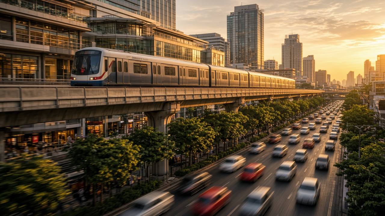 曼谷市區的 BTS 高架列車行經商業大樓,下方道路車流與行道樹