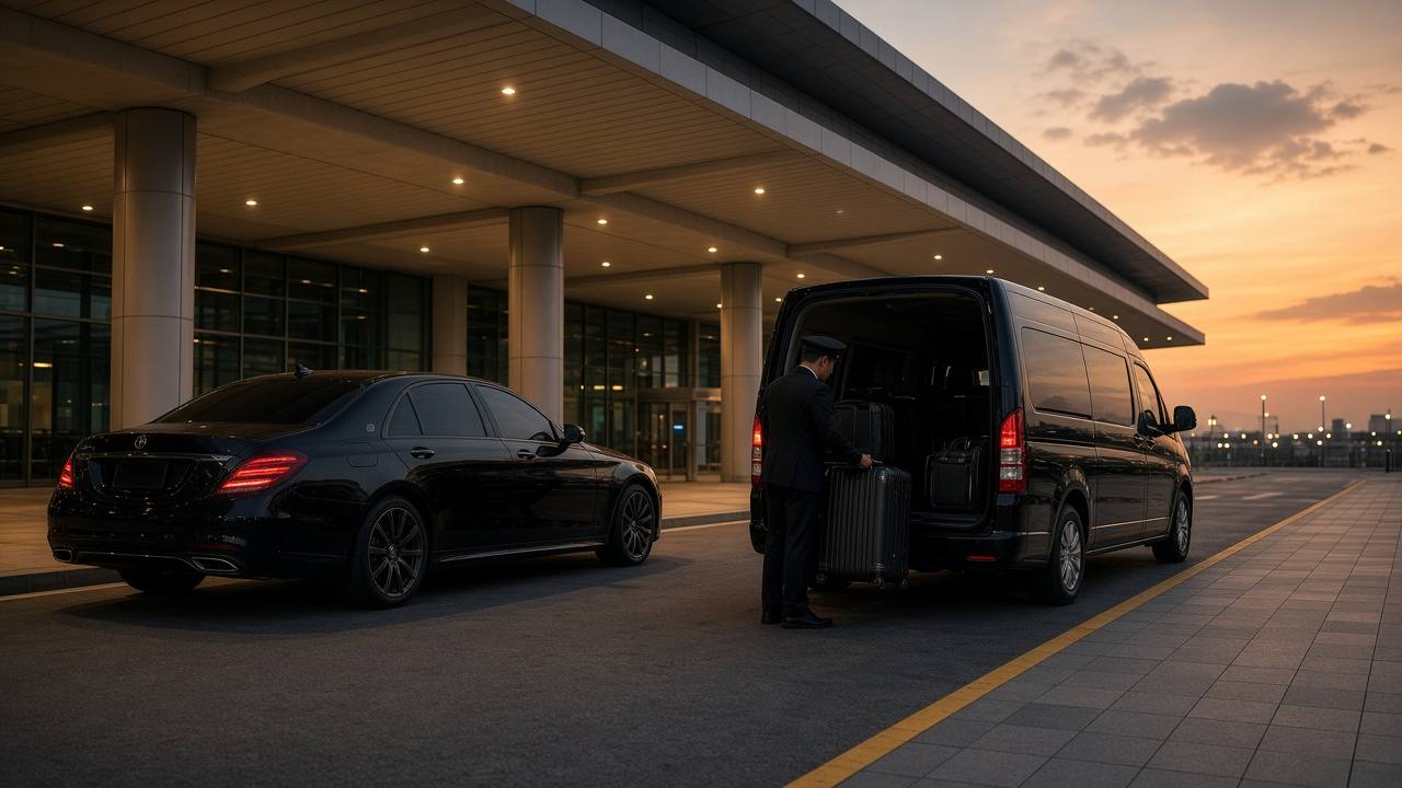 機場出境車道旁的黑色轎車與廂型車,司機正把行李箱放進後車廂
