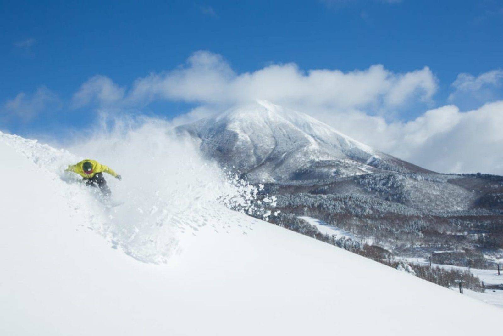 NEKOMA Mountain 粉雪坡上的滑雪者與遠方雪山