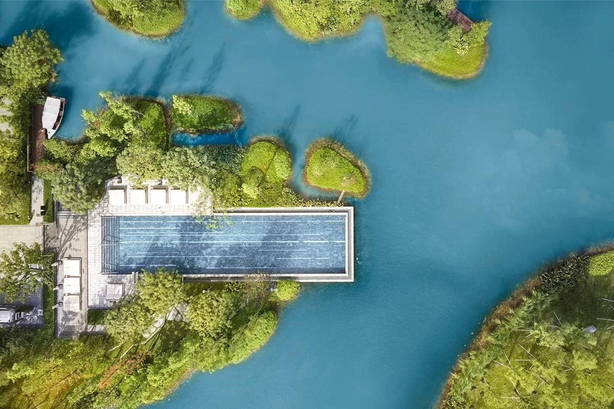 東莞松山湖悅榕庄空拍,伸入湖面的無邊際泳池