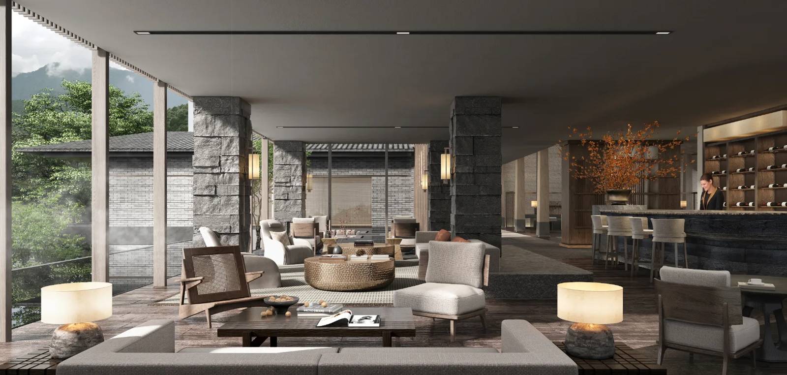 峨眉山悅榕庄 Lobby Lounge 的沙發座與吧檯