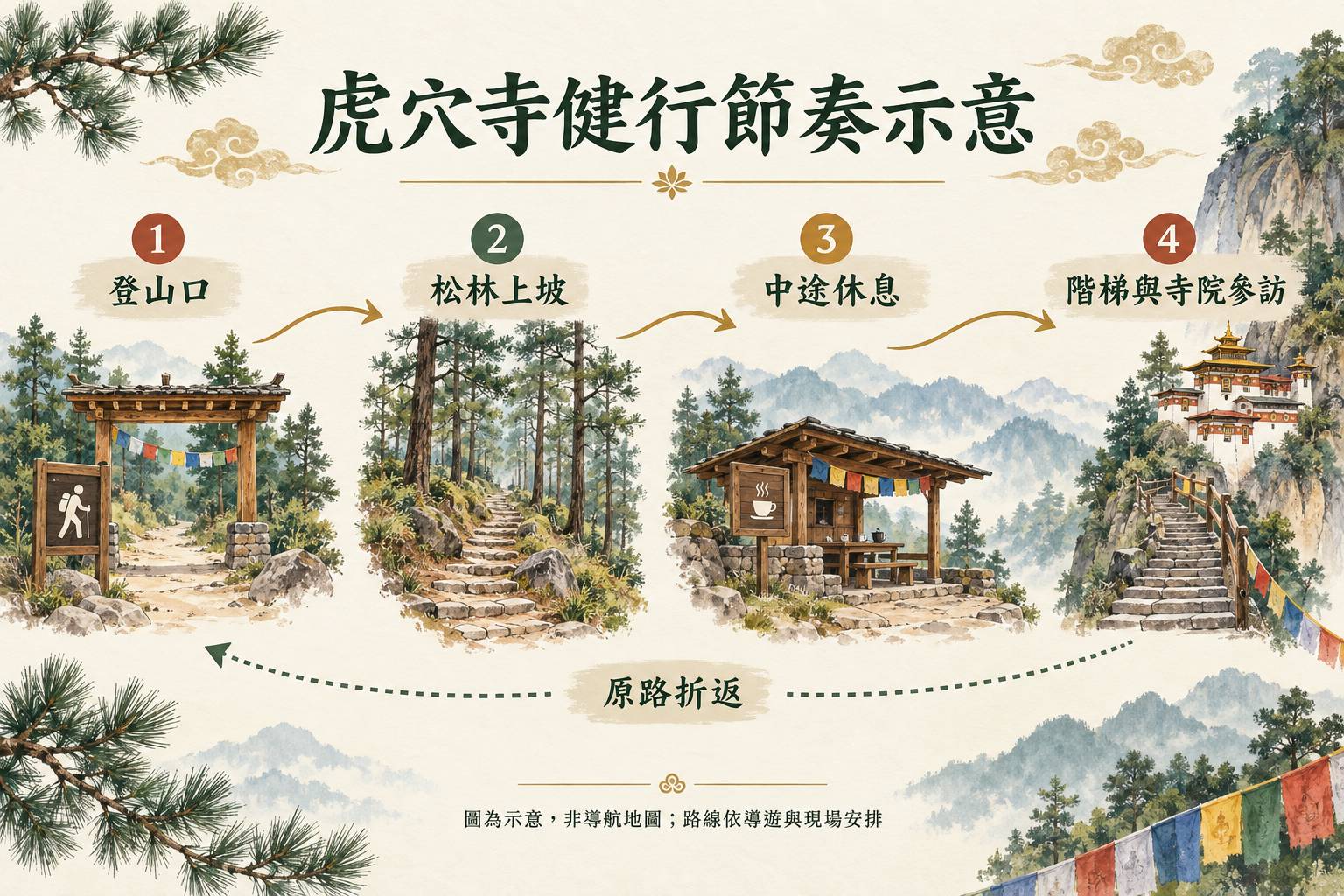 虎穴寺健行節奏示意,含四個步行節點與原路折返,非導航地圖