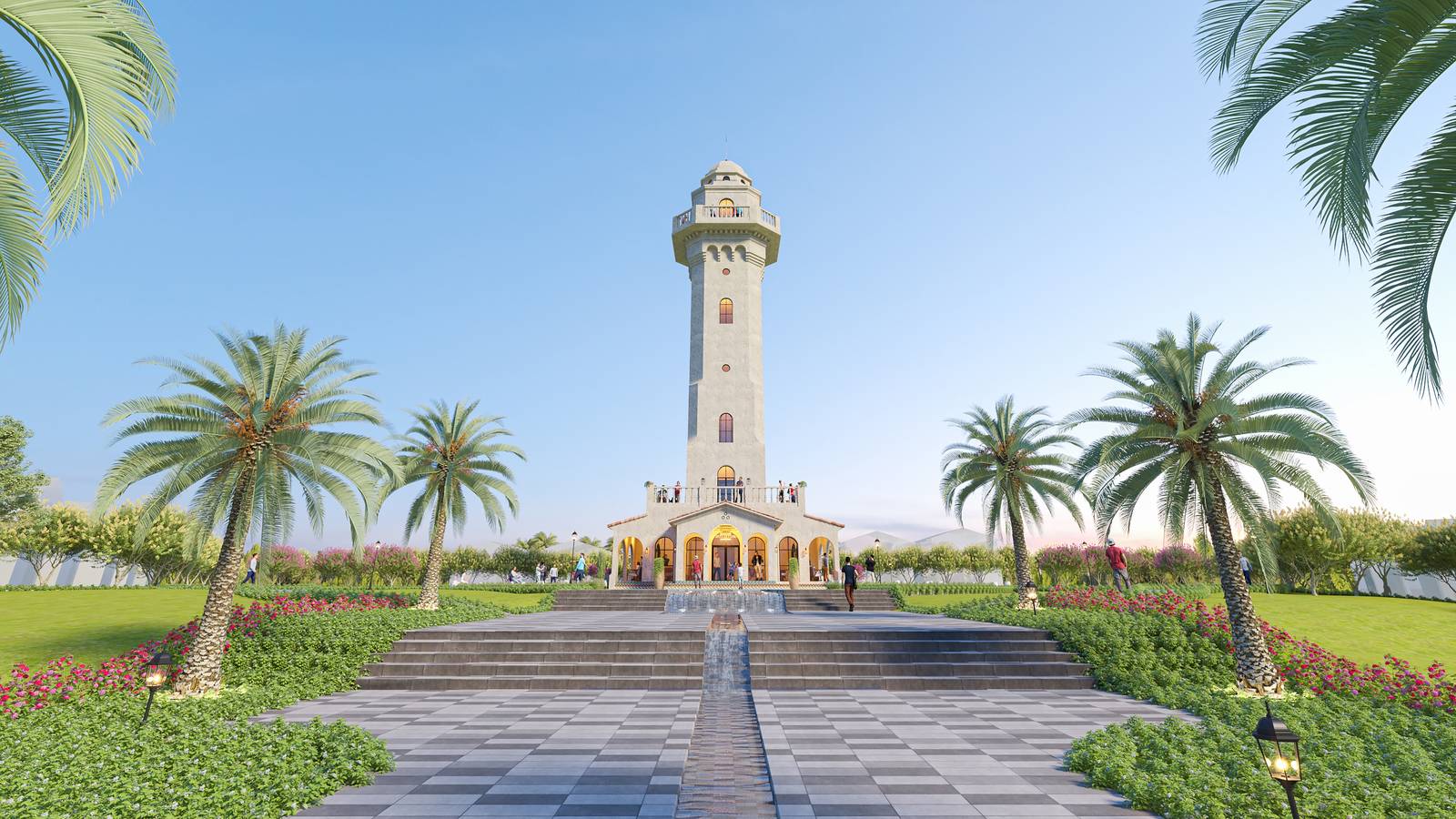椰子樹與花園步道盡頭的白色高塔