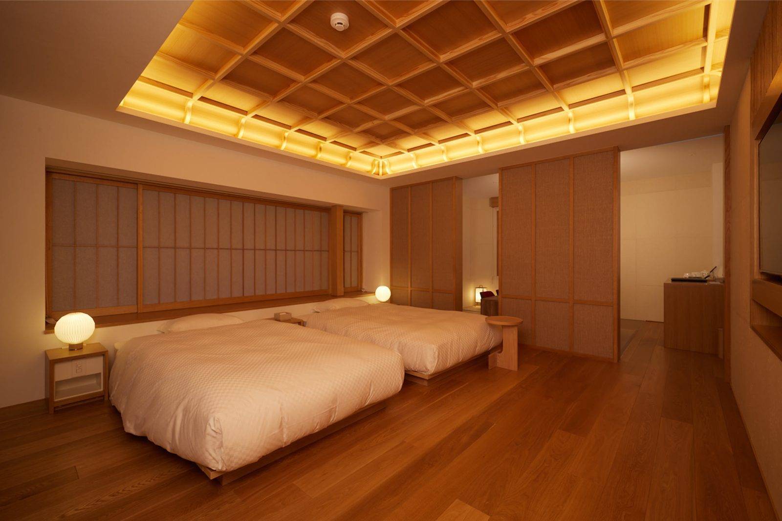 Hotel VMG Kyoto 鴨川 方格天花下的雙床臥室