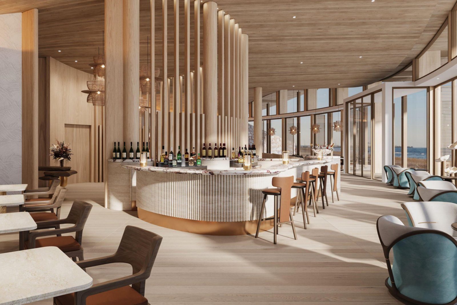 Coastal Restaurant & Bar 的吧檯與海景座位（開幕前設計示意圖）