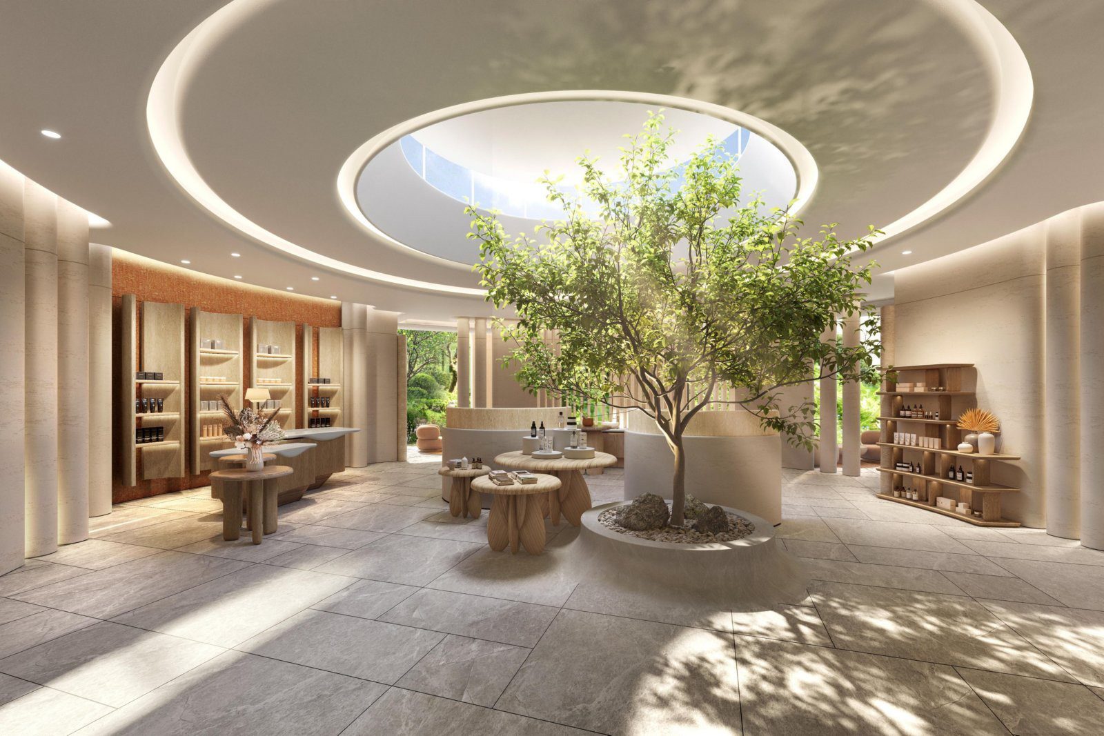 Gemala Spa 圓形天窗下的大樹與休息區（開幕前設計示意圖）
