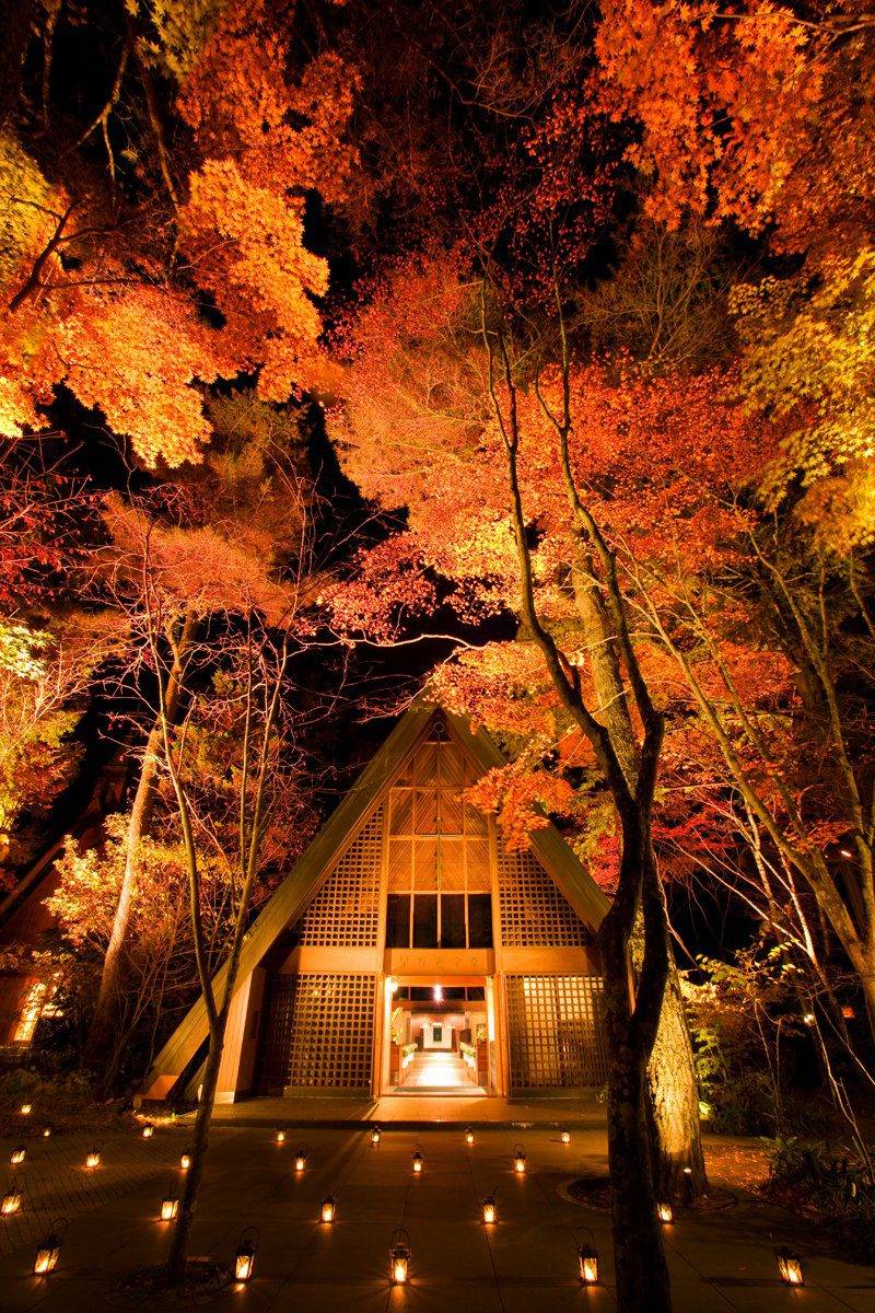 夜間燈光下的輕井澤高原教會與紅葉