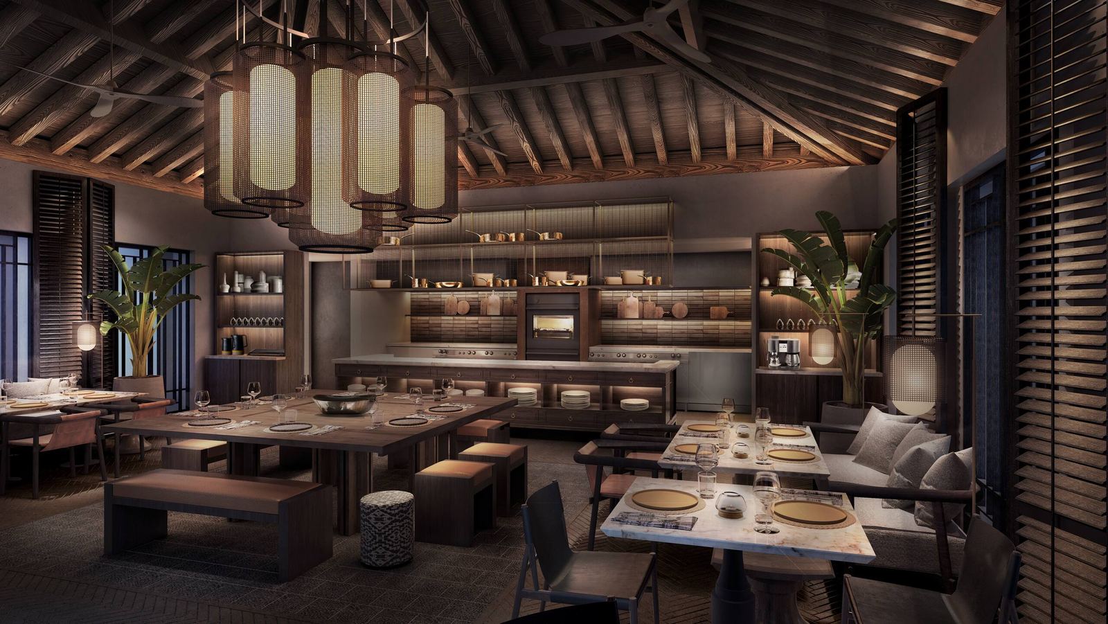 富國島柏悅酒店燒烤餐廳的室內空間效果圖,燈籠與木質座位區
