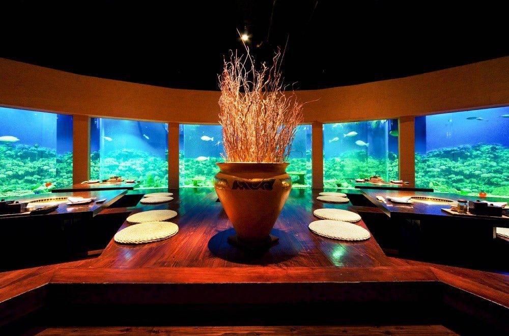 沖繩萬麗度假酒店海風水族箱環繞的座位區