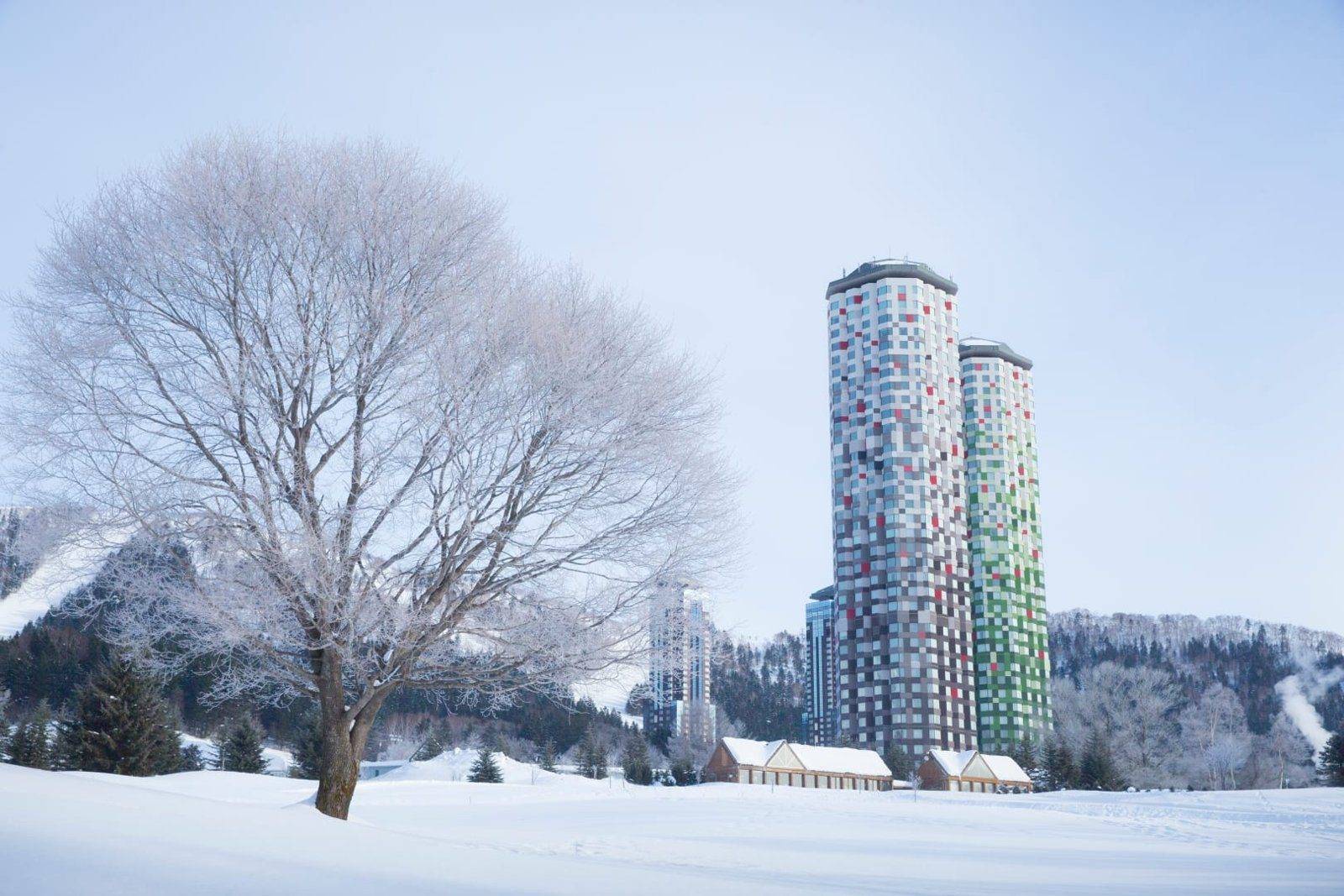 星野集團 Tomamu The Tower 雪地裡的彩色外牆雙塔與冬季樹林